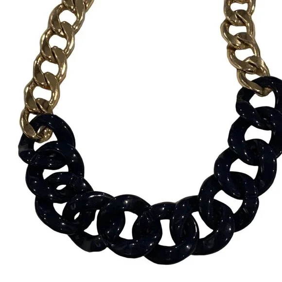 Aldo Statement Necklace Navy Blue Gold Big Chunky Bold Chain Retro Classic - Picture 3 of 12